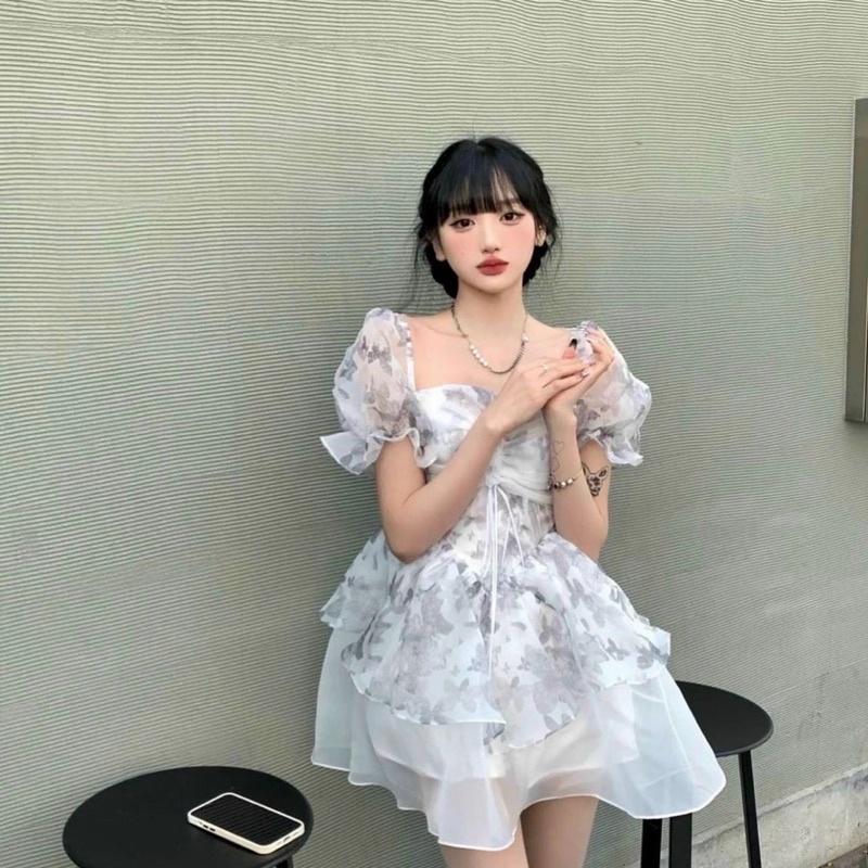 ĐẦM VOAN HOA ĐAN DÂY NGỰC TAY PHỒNG