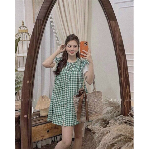 (Miễn Phí Ship 2022) Đầm nữ from suông,đầm caro tay cánh tiên phối màu xinh xĩu,tone màu xanh hottren tôn da