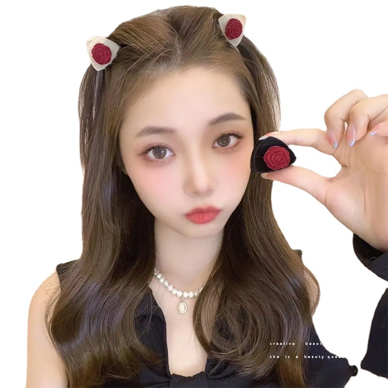 Set 2 Kẹp Tóc Hình Tai Mèo Đính Hoa Hồng Phong Cách Retro