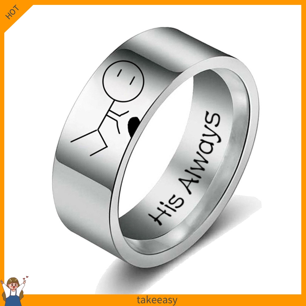 Nhẫn cặp đôi bằng thép không gỉ họa tiết hoạt hình chữ Her Forever/ His Always