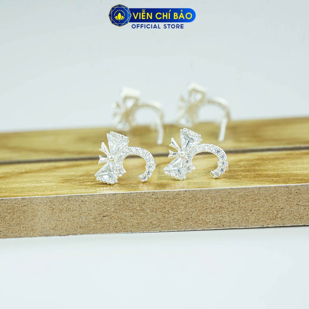 Bông tai bạc nữ hình nơ đính đá chất liệu bạc 925 thời trang phụ kiện trang sức Viễn Chí Bảo B400758