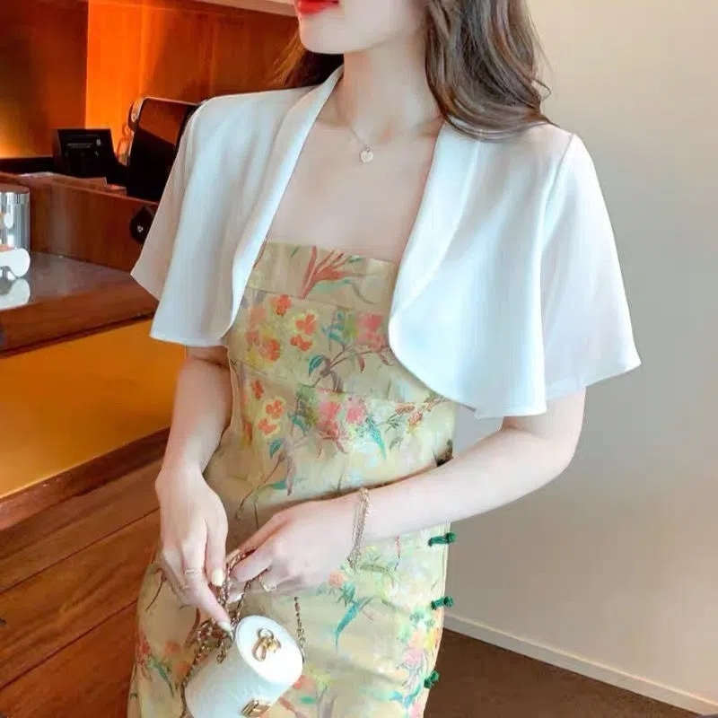 Áo Khoác Cardigan Vải Voan Tay Ngắn Phối Ren Màu Trắng Đen Thời Trang Chống Nắng Cho Nữ