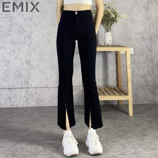Quần jean giấy nữ cạp cao EMIX (màu đen), dáng dài 90cm, ống ôm và loe, xẻ trước, chất vải jean giấy co giãn 899 ! "