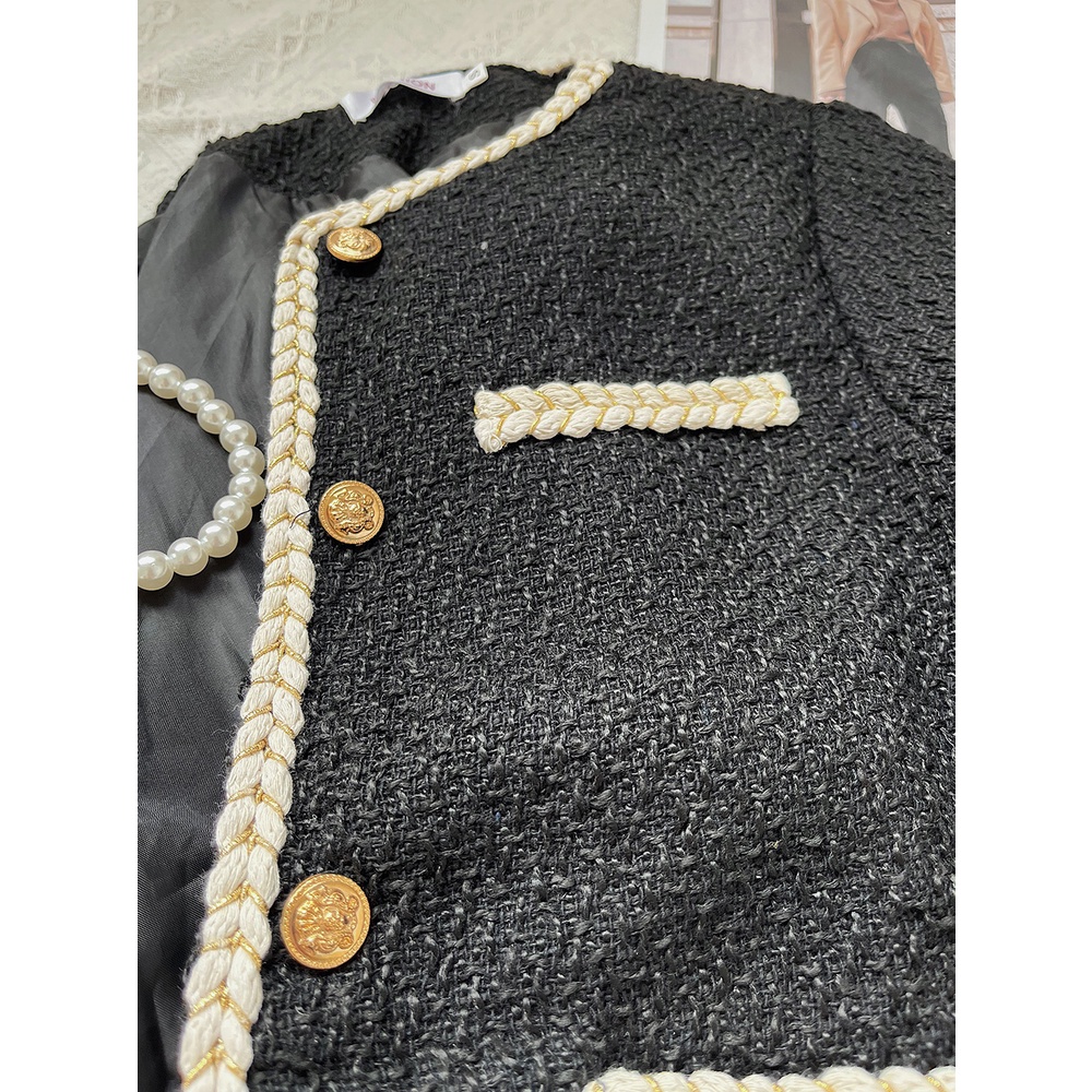 Áo khoác dạ đen tweed phong cách tiểu thư, hoàng gia dáng dài áo cardigan dạ dày dặn