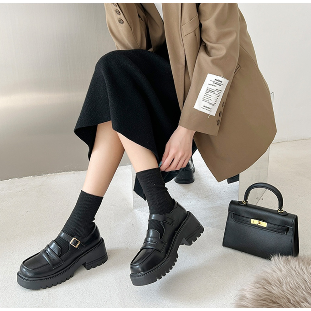 Giày Loafer Nữ Bánh Mì	Đế Cao 5 Phân Mũi Vuông Phong Cách Nhật Bản