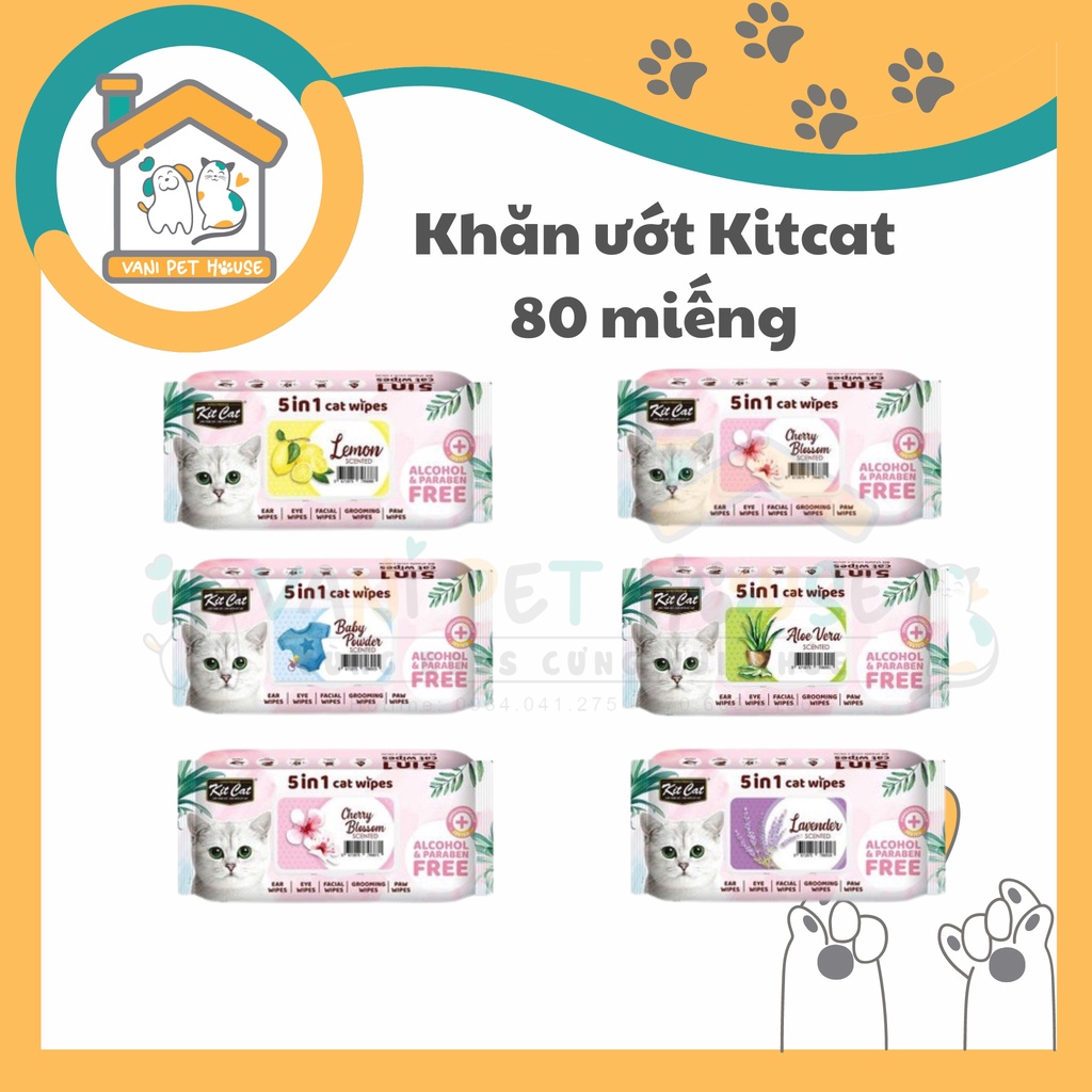 Khăn ướt cao cấp Kitcat khử mùi kháng khuẩn cho mèo (Gói 80 tờ)