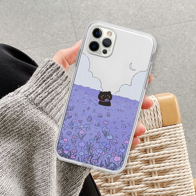 Ốp lưng iphone mèo đen hoa tím ốp vuông trong suốt bảo vệ cam6/6splus/7/7plus/8/8plus/x/xr/xs/11/12/13/14/pro/max/plus/p