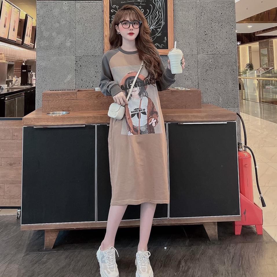 Váy suông in hình cô gái chữ balen chất thun loại 1 mùa thu đông dáng dài tay bo 3 màu dễ thương - Tirahouse