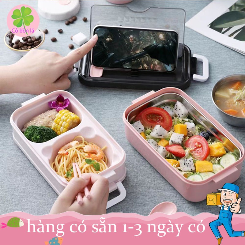 Hộp Cơm Giữ Nhiệt 2 Tầng Văn Phòng, Cặp Lồng Đựng Đồ Ăn Lõi Inox 304, Có Chén Nhỏ Đựng Canh Và Dụng Cụ Ăn Uống Tiện Lợi