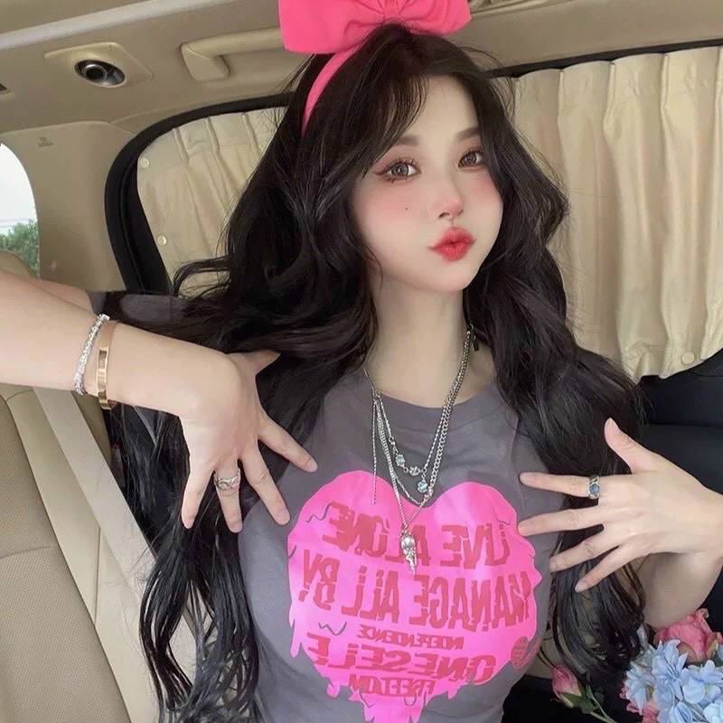 Áo croptop nữ ôm body cổ tròn tay ngắn phong cách hàn quốc in hoạ tiết trái tim lửa