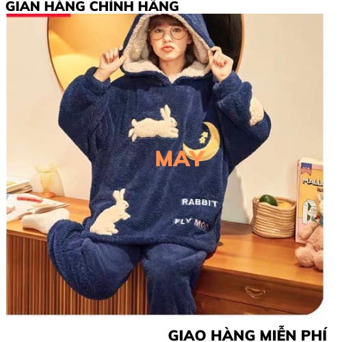 Bộ đồ ngủ bông, pijama, quần áo mặc ở nhà dài tay mùa đông có mũ chất lông mềm mịn hình cute dày dặn siêu ấm
