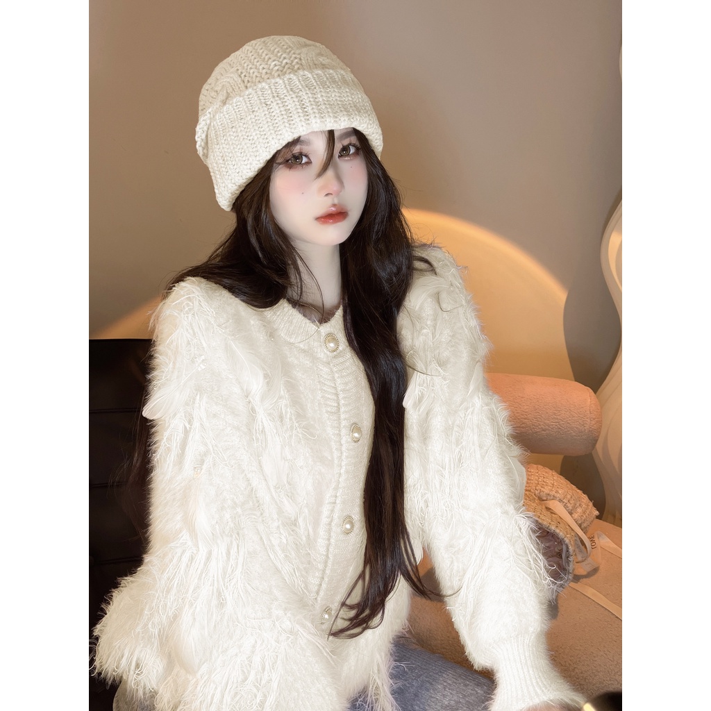 Áo Khoác Len Tay Dài Đính Ngọc Trai Và Lông Vũ Thời Trang Thu Đông Mới