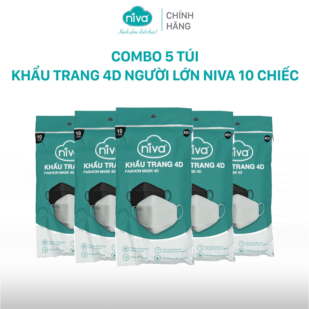 Combo 5 Khẩu Trang NIVA 4D Mask KF94 Dành Cho Người Lớn Túi 10 Chiếc Ngăn Bụi Mịn, Kháng Khuẩn, Không Kích Ứng Da