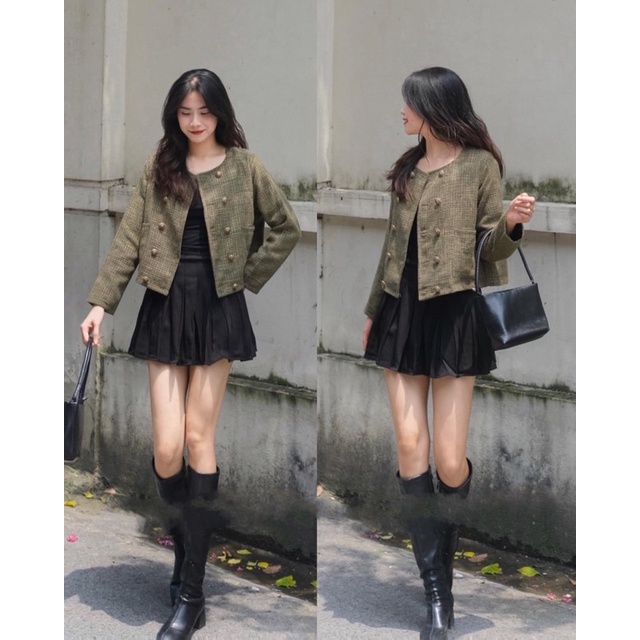 Áo Dạ Kẻ RÊU , Áo Dạ Tweed Hai Lớp Quảng Châu Hai Màu Siêu Hot