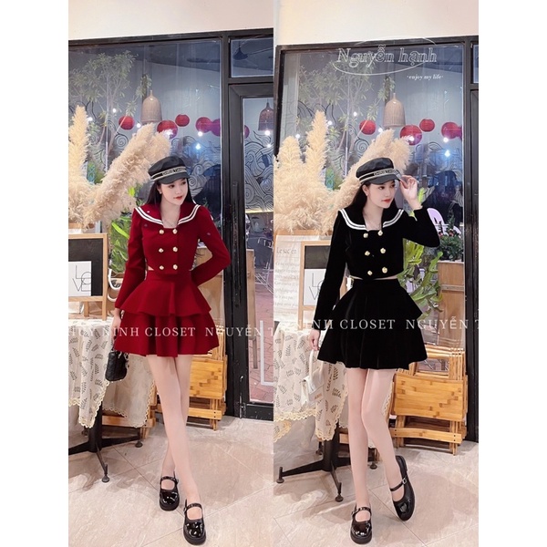 Set trang phục áo cổ thuỷ thủ và chân váy nhung xoè tầng