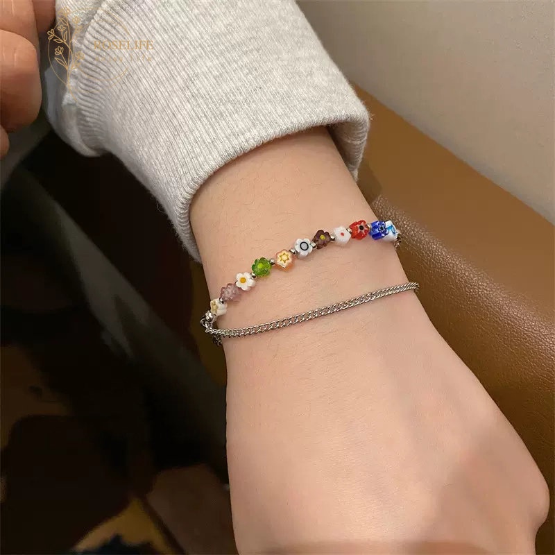 Vòng Đeo Tay Hai Lớp Bằng Nhựa Resin Màu Cầu Vồng Đính Hạt Hình Hoa Tua Rua Phong Cách Hàn Quốc Cho Nữ