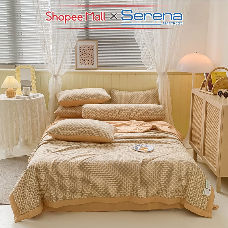 Bộ Chăn Ga Gối Nệm 5 Món Cotton Đũi SERENA MATTRESS Chính Hãng Bộ Combo Chăn Ra Ga Drap Grap Trải Giường Chần Bông Cute