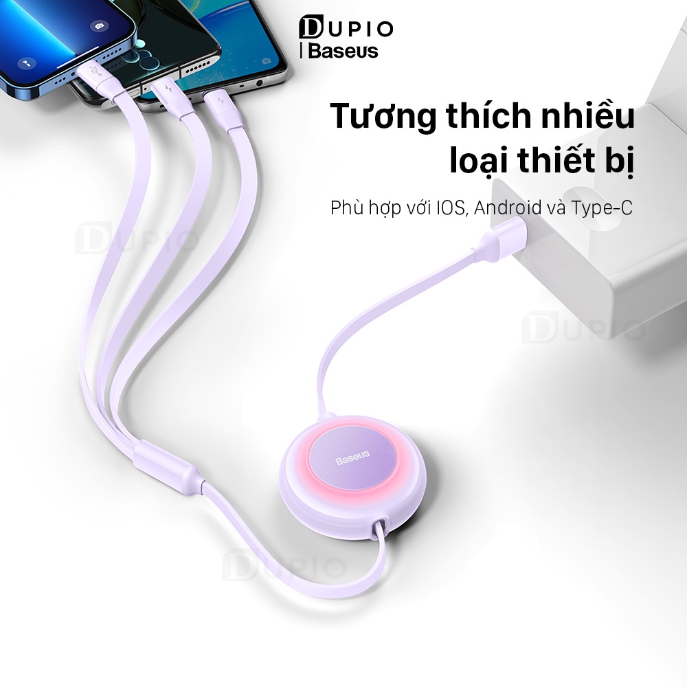 Cáp sạc 3 đầu DUPIO Baseus DS06 USB dây type c sạc nhanh đa năng gọn dễ cất giữ