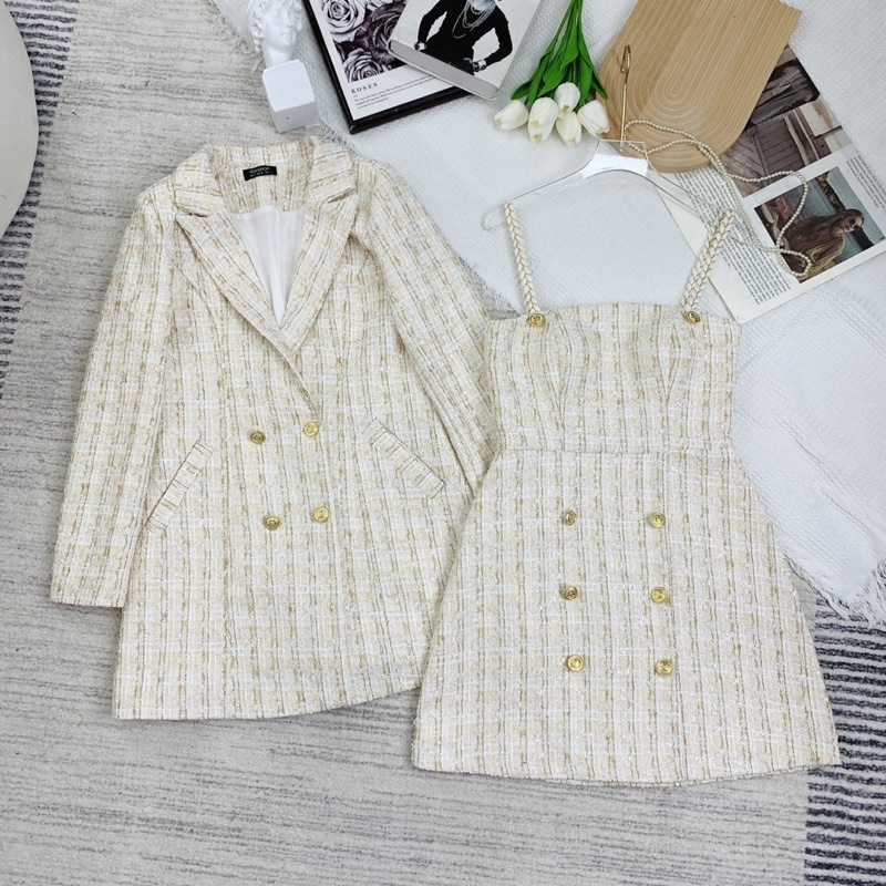SÉT DẠ TWEED VÁY 2 DÂY KÈM ÁO VEST DÁNG DÀI