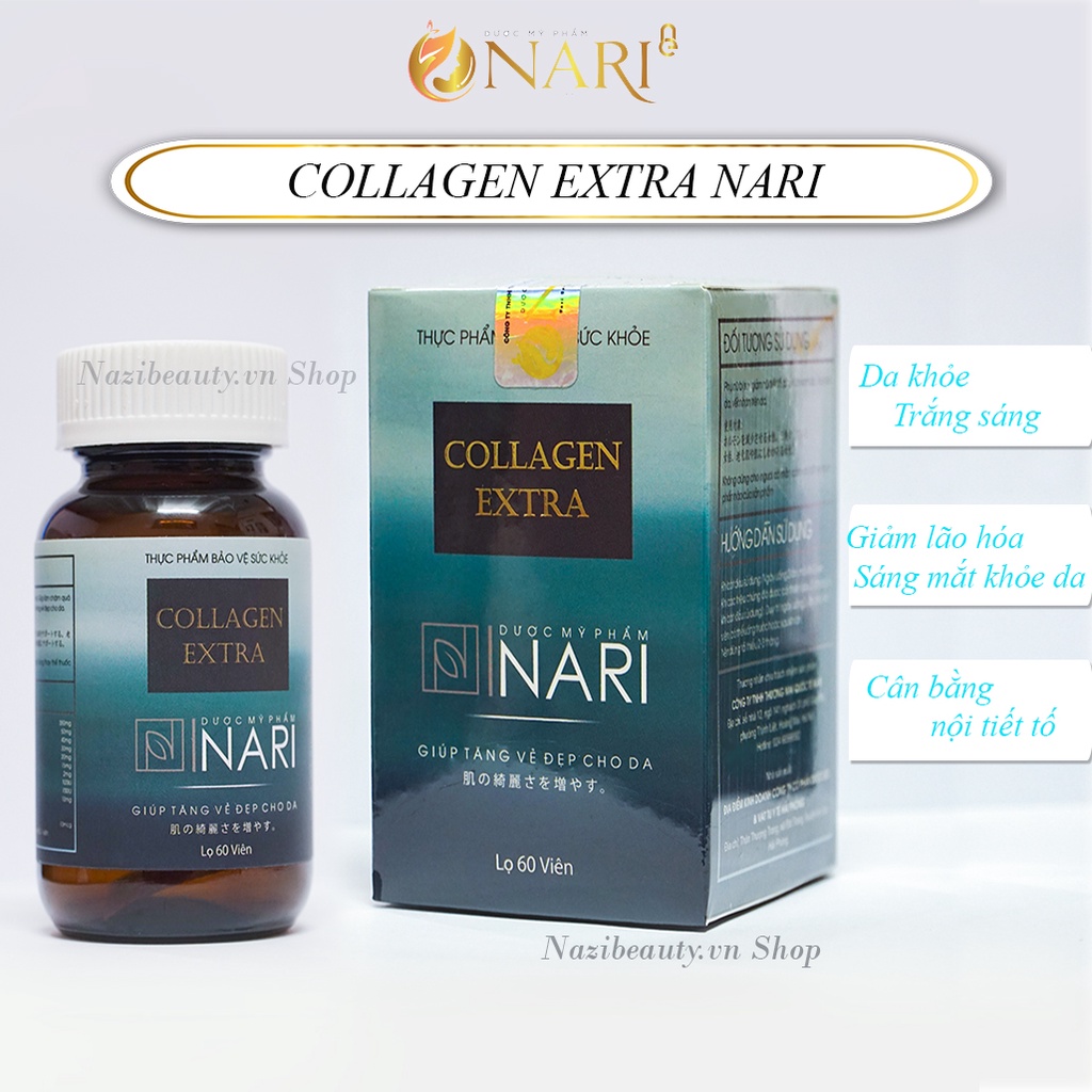 Collagen extra Nari cân bằng nội tiết tố giúp da trắng sáng khỏe tóc , răng , móng ,tăng liên kết đàn hôi da hộp 60v