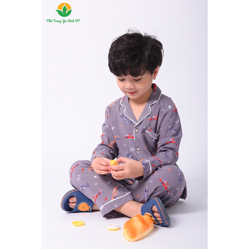 Đồ bộ lanh pijama mặc ở nhà bé trai Việt Thắng, quần dài, áo dài tay - B70.2203