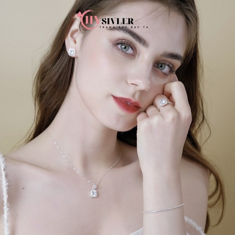 Bông tai bạc ta đính đá vuông sang chảnh nữ tính hàng loại to bạc bông tai bạc thật giá rẻ CHY SILVER