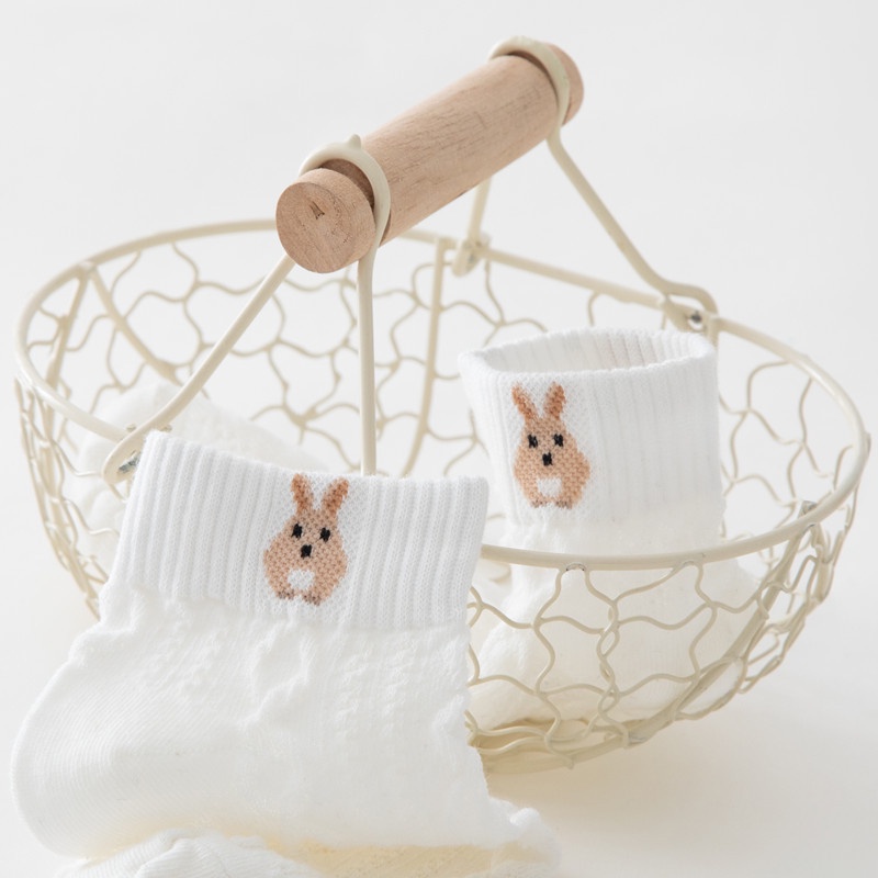 Set 5 Đôi Tất Nữ Cotton Mỏng Tone Trắng Gân Nổi Hoạ Tiết Nhỏ Dễ Thương