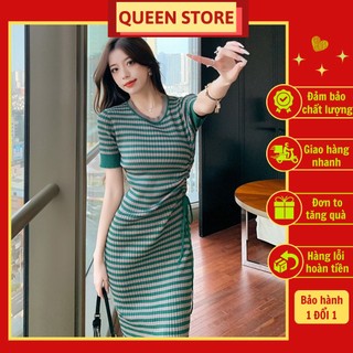 Váy len body dài tay chất liệu len tăm có dây rút eo họa tiết kẻ ngang trẻ trung