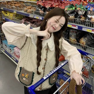 Áo gile len túi thêu hoa 2t.unisex áo ghile nữ cổ tròn kiểu dáng vintage chất đẹp dễ phối đồ cực hot P47