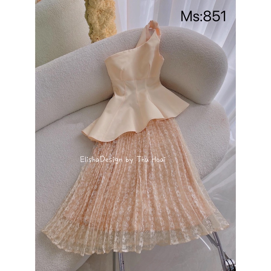 Set áo tafta lệch vai + cv dập li ren hoa ẩn nude