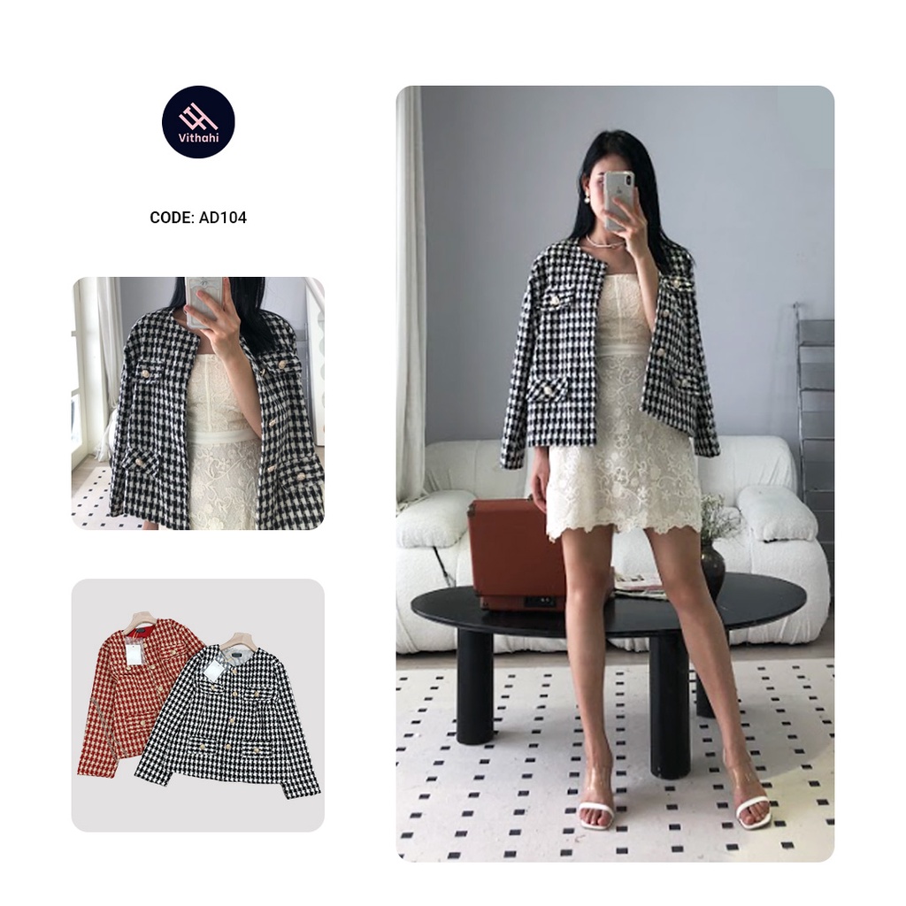 ÁO KHOÁC DẠ KẺ SỌC CỔ TRÒN CÚC ĐỒNG