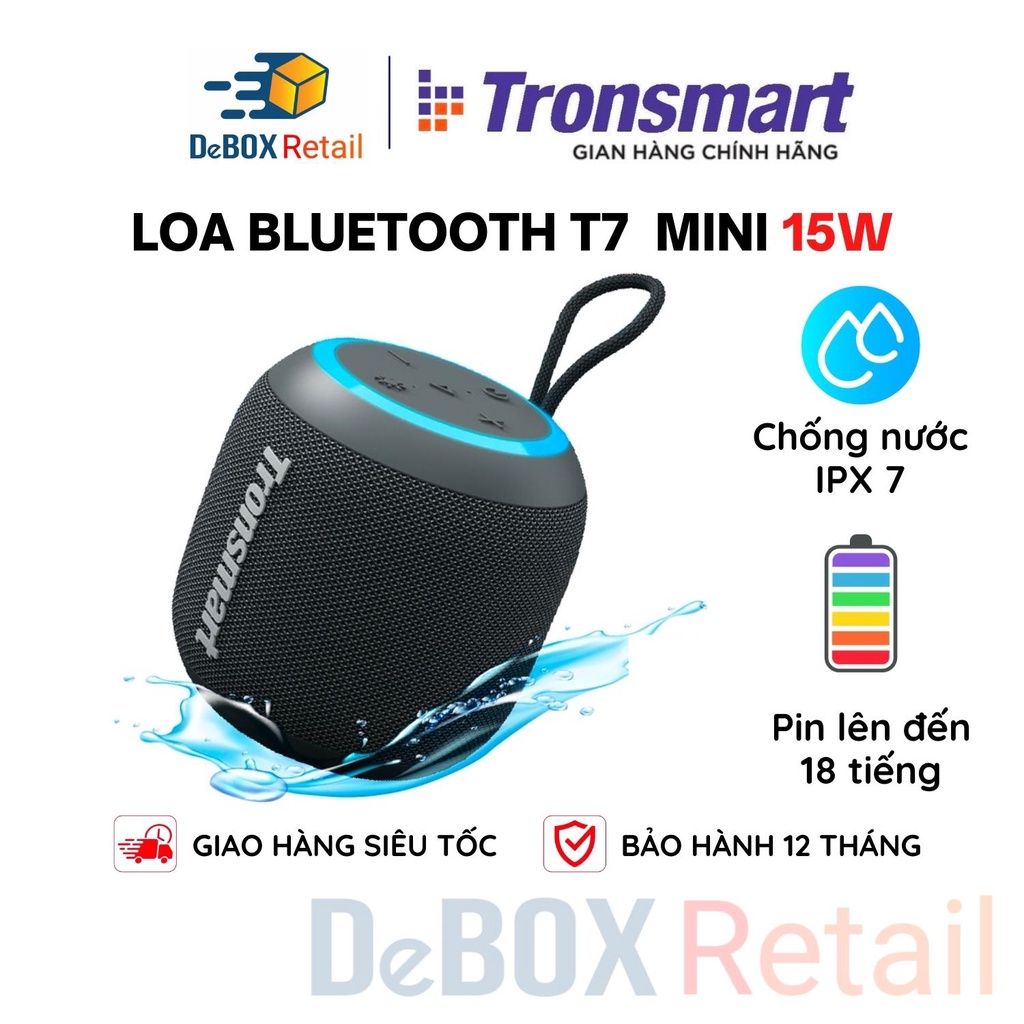 Loa Bluetooth Tronsmart T7 Mini Công suất 15W, Âm thanh siêu trầm, Chống nước IPX7, Led đổi màu - Chính Hãng Phân Phối