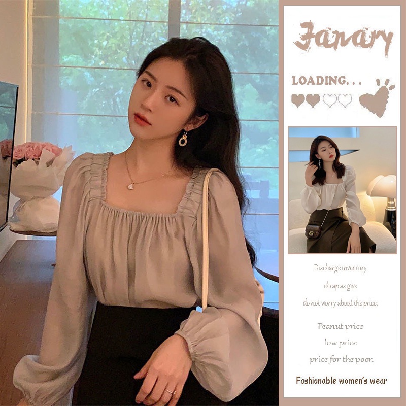 Áo kiểu nữ dài tay, áo nữ công sở xinh xắn tay dài cổ vuông - Janary