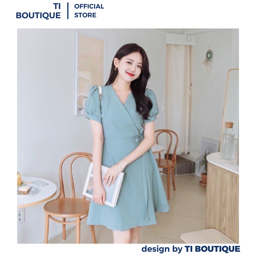 Đầm Thiết Kế Đơn Giản Cổ Chéo Tay Phồng Ngắn Sang Chảnh, Váy Nữ Ngắn Xòe Có Dây Cột Nơ Eo Nữ Tính
