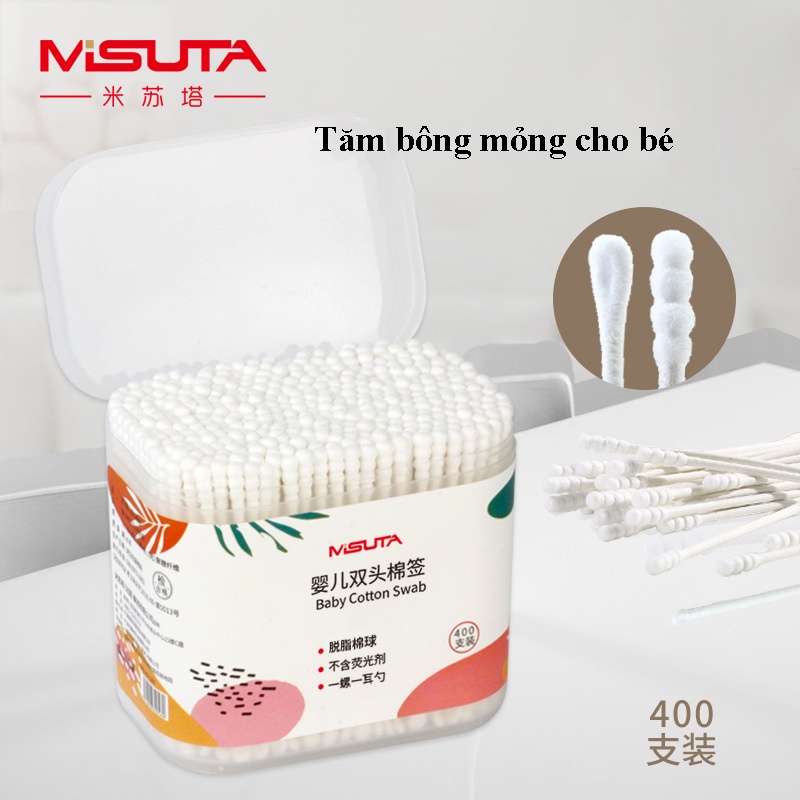 Tăm bông cho trẻ sơ sinh, 100% bông gòn tự nhiên, hộp 400 que Misuta