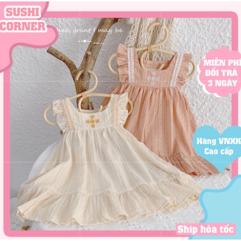 Váy cho bé gái Sushi's Corner - Váy baby doll trắng sữa thêu ngực chất cotton mềm mịn