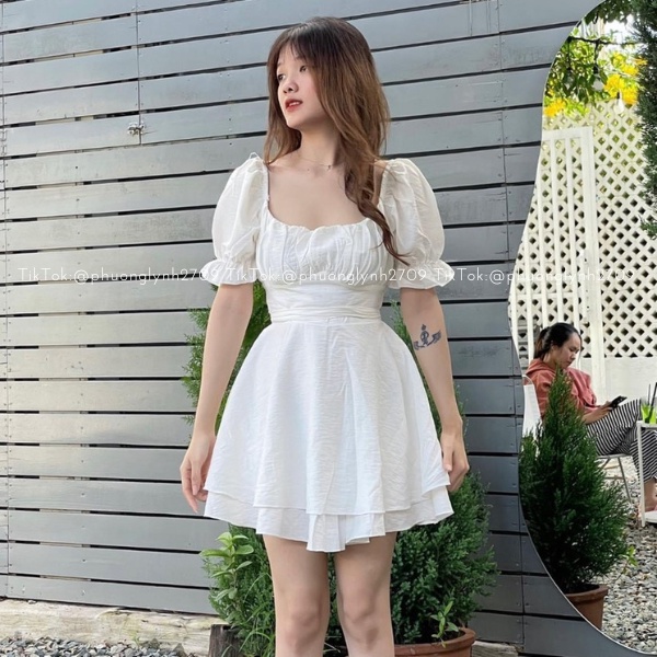 Đầm xoè cột nơ lưng, jum ngắn cổ vuông tay bồng,váy trắng tiểu thư siêu xinh PLĐ84
