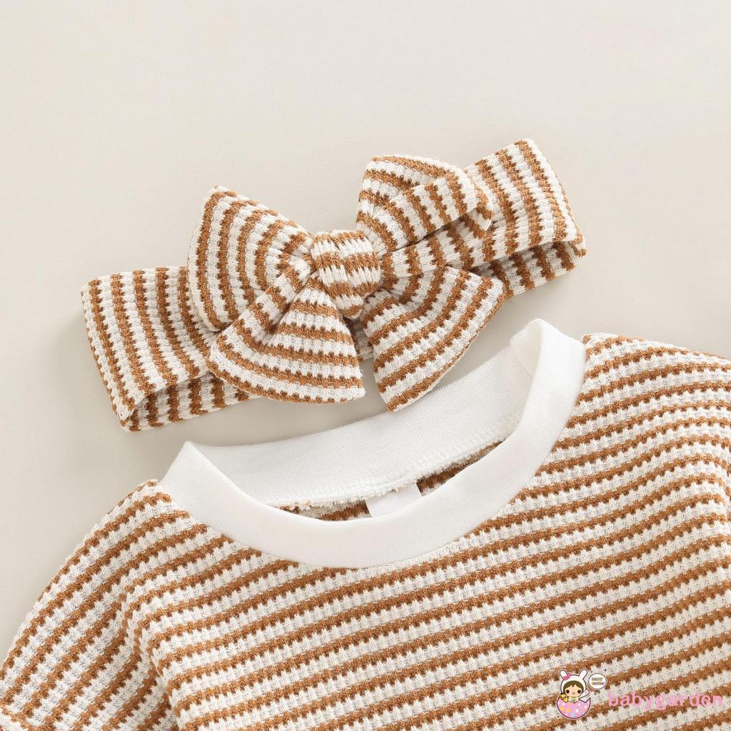 Bộ Áo Liền Quần Dài Tay Phối Bèo + Băng Đô Họa Tiết Kẻ Sọc Thời Trang Mùa Thu Cho Bé Gái 0-18 Tháng Tuổi
