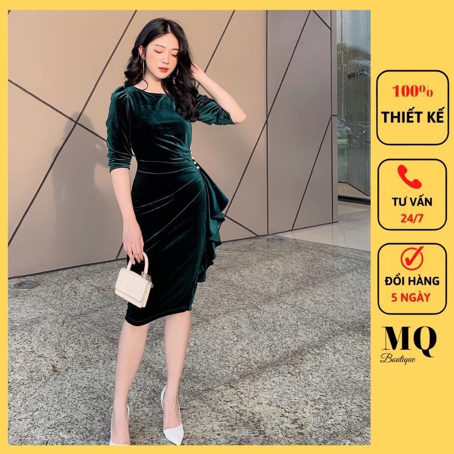 Váy nhung dự tiệc công sở nữ dáng body tay lỡ đáp bèo hông đính hạt, đầm cổ tròn thiết kế MQ Boutique cao cấp