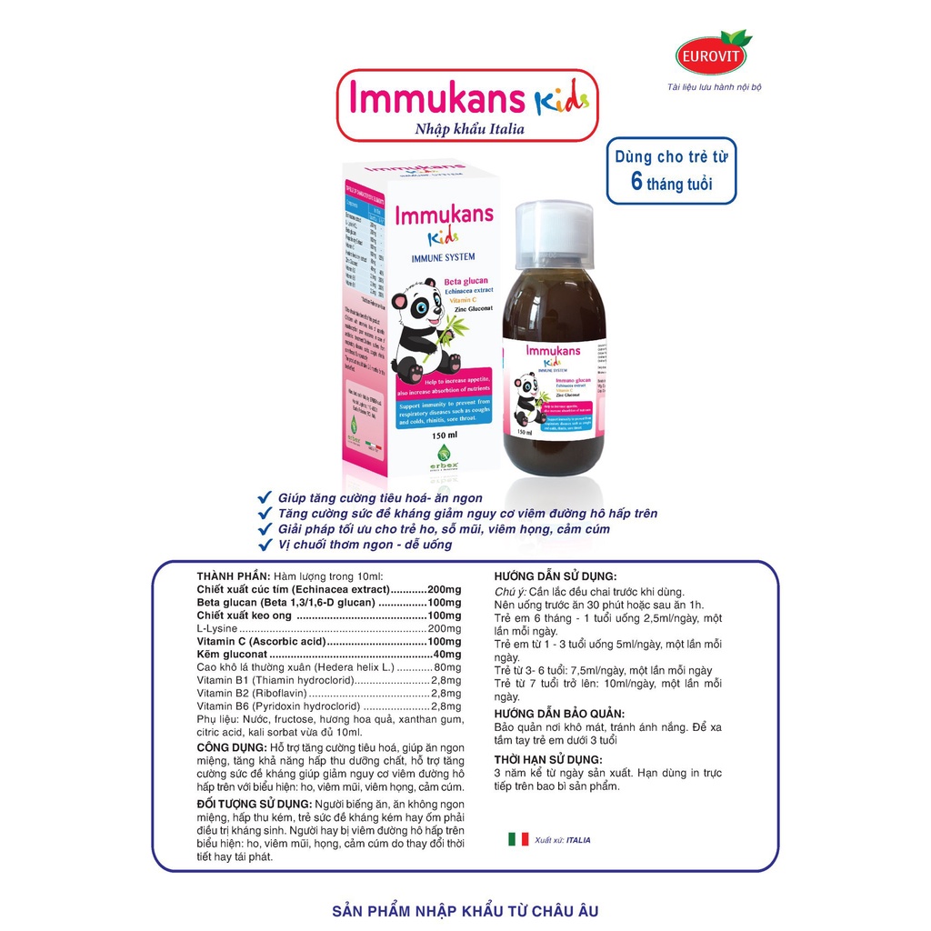 IMMUKANS KIDS Siro Ăn Ngon Và Tăng Sức Đề Kháng Cho Bé 150ml I Chính hãng Italia I thuochieuqua