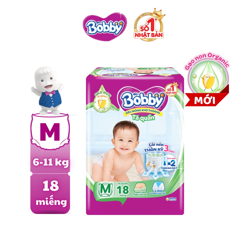 [MỚI] Tã quần Bobby Lõi nén thần kỳ 3mm Gạo non S20/M18/L16/XL14/XXL12