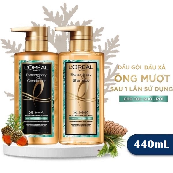 Bộ Gội Xả L'Oreal Paris Extraordinary Oil Sleek Nourishing Non-Silicon Tóc Suôn Mượt Từ Dầu Tuyết Tùng Pháp 440ml/chai