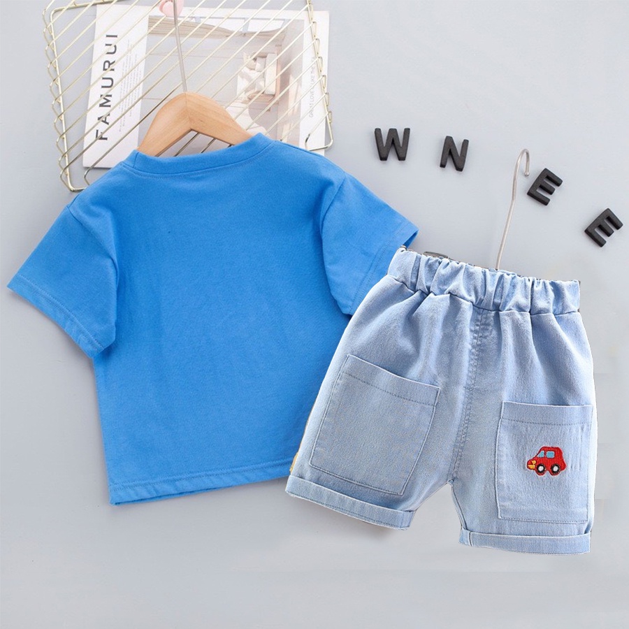 Sét Bộ Quần Áo Thun Cotton Bé Trai KEYER KIDS, Áo Thun Cotton 4C Hình Khủng Long Trượt Ván Phối Quần Short Kaki SZ48