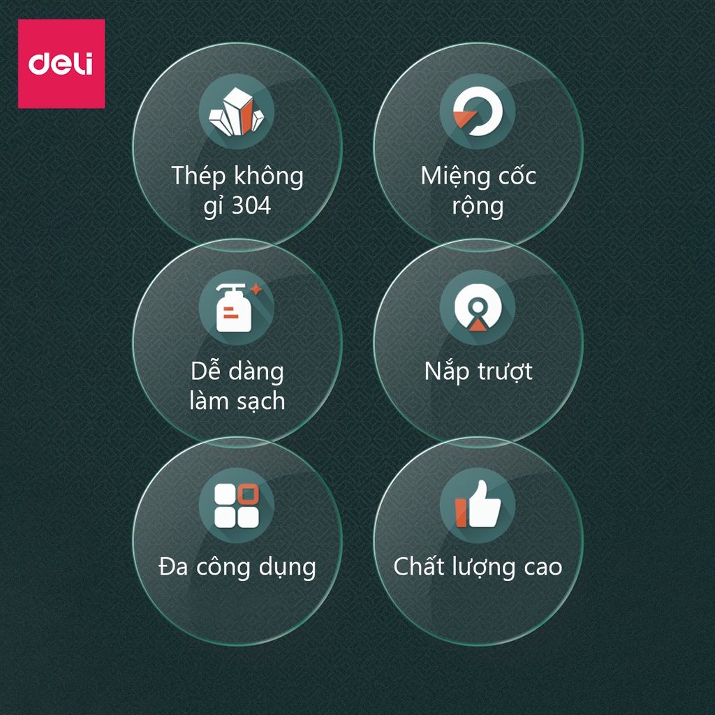 Cốc giữ nhiệt, Ly đựng cà phê văn phòng Deli 380ml thiết kế nắp trượt tiện lợi có tay cầm chất liệu inox 304 an toàn