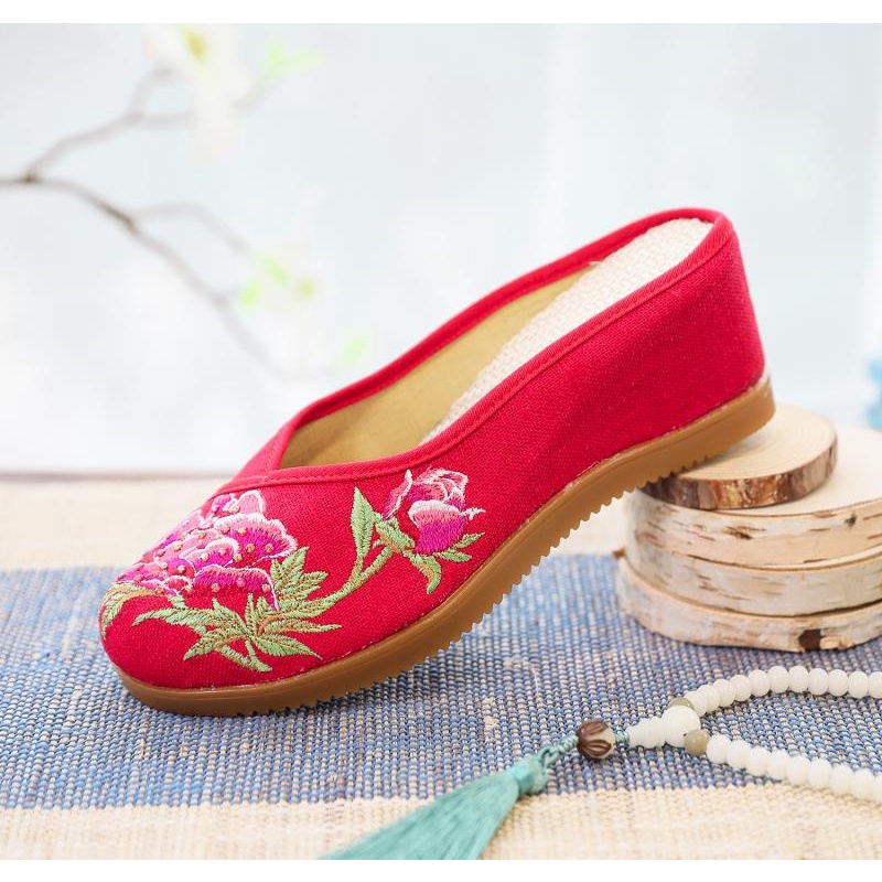 Dép Cao Gót Vải Lanh Thêu Họa Tiết Đính Đá 2 Hàng Ngàn Thời Trang Mùa Hè Cho Nữ EthA7