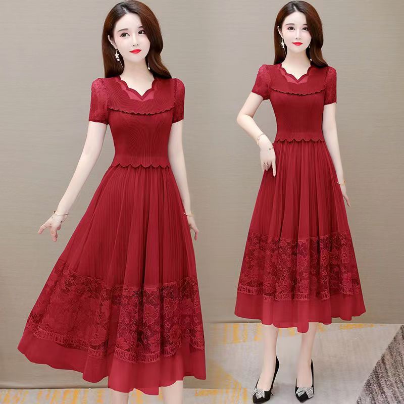 Đầm Dệt Kim Tay Ngắn Dáng Chữ A Phối Lưới Thời Trang Mùa Hè Xinh Xắn Cho Nữ