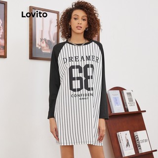 18de-Đầm thun Lovito phong cách thường ngày tay raglan in chữ ngoại cỡ L19D292 (màu đen và trắng)