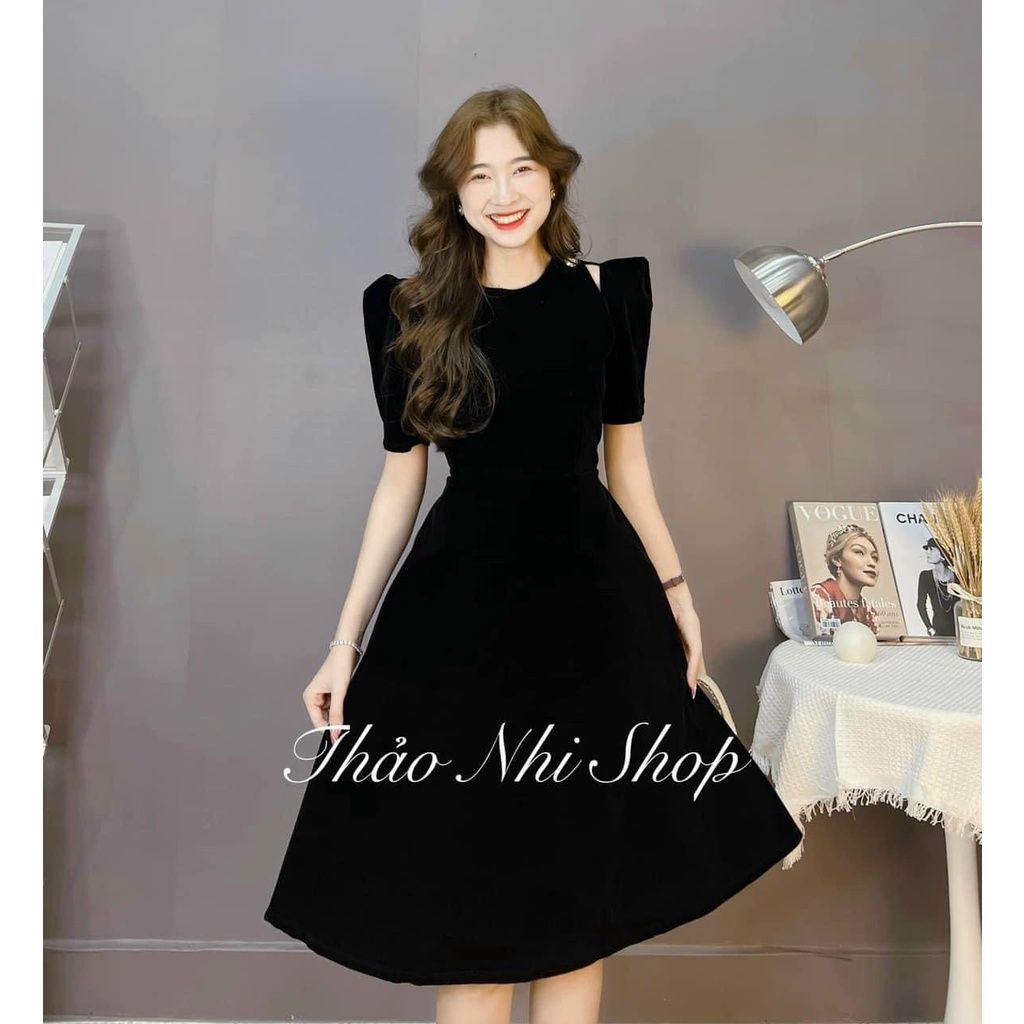 Đầm midi nhung khoét vái đính nút cườm 2 màu đỏ đen dự tiệc mẫu thảo nhi shop