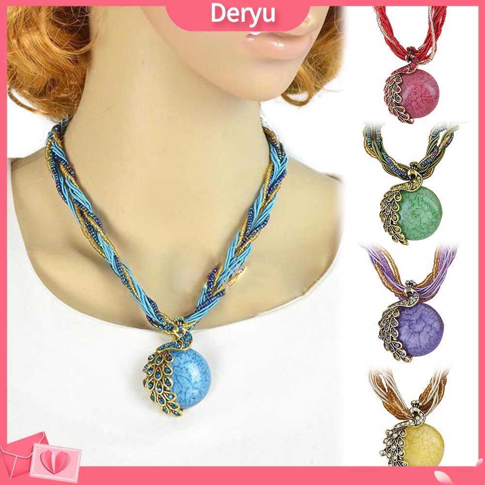 Vòng cổ Mặt Tròn Hình Chim Công Đính Đá Opal Nhân Tạo Phong Cách Bohemian