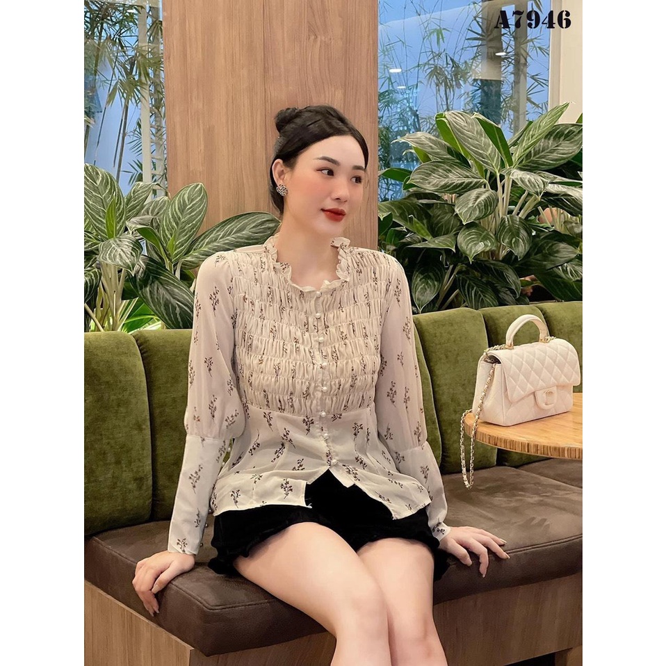 ⚡BÁN SỈ⚡Aó hoa voan chạy chun ngực bắn cúc ngọc dài tay 2 lớp